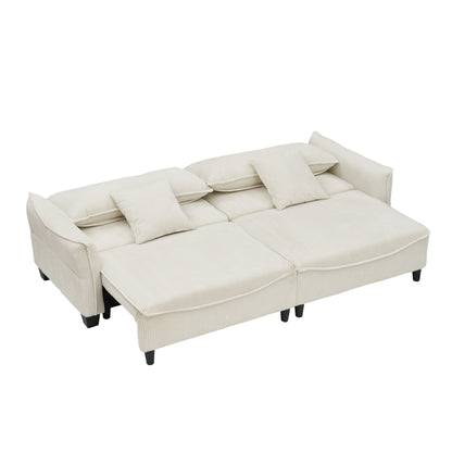 Beige 87.79 Corduroy 3-seater Sofa Bed with Two Throw Pillows and Storage for Living Room