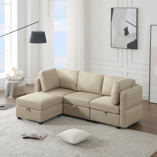 Beige 87.9'' Modular 3-Seater Sectional Sofa with Ottoman, Adjustable Backrests and Arms, Storage Seats, and Thick Cushions