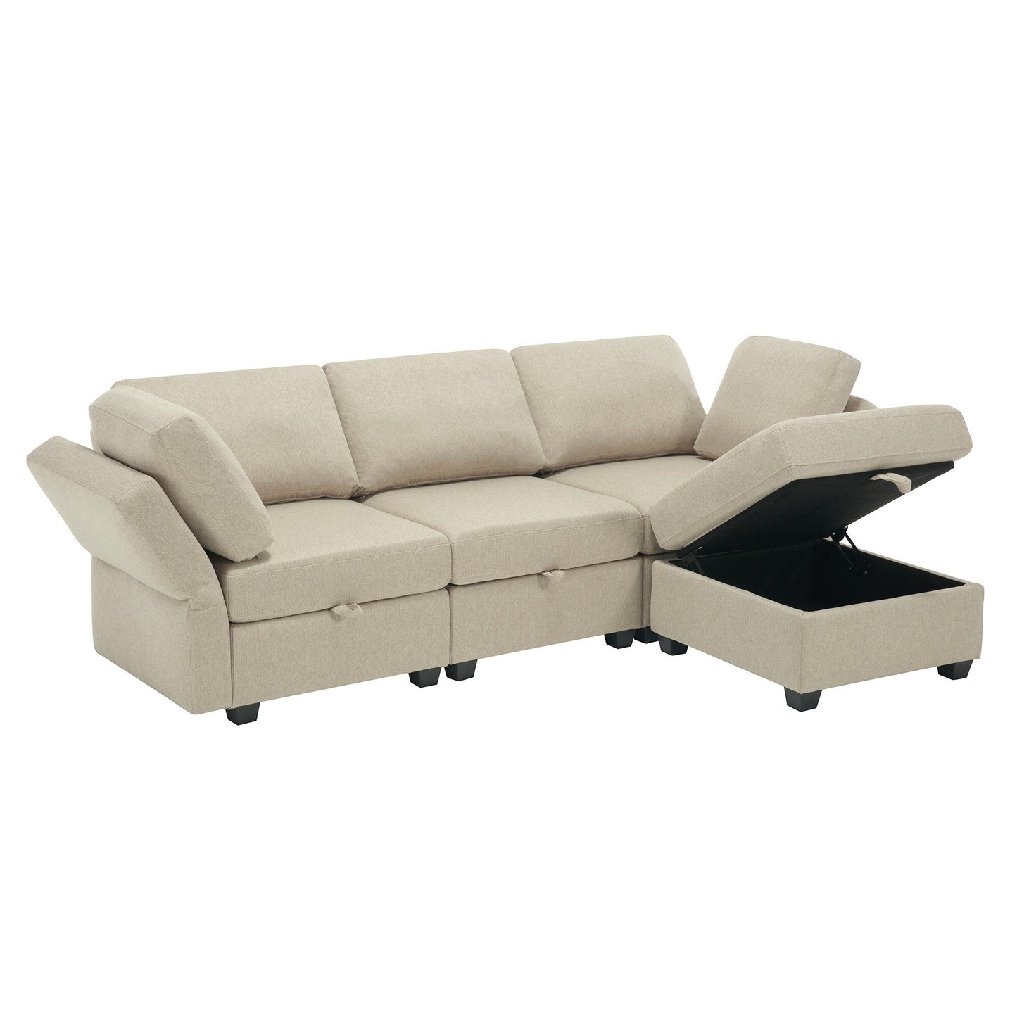 Beige 87.9'' Modular 3-Seater Sectional Sofa with Ottoman, Adjustable Backrests and Arms, Storage Seats, and Thick Cushions