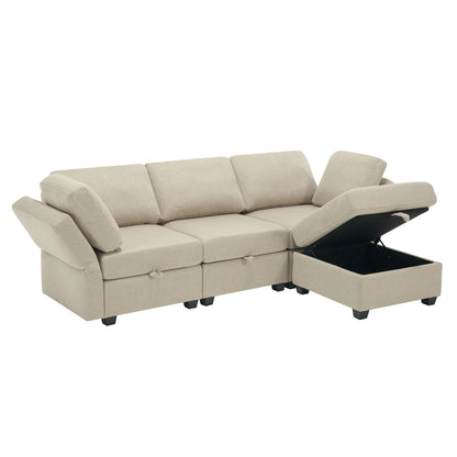 Beige 87.9'' Modular 3-Seater Sectional Sofa with Ottoman, Adjustable Backrests and Arms, Storage Seats, and Thick Cushions