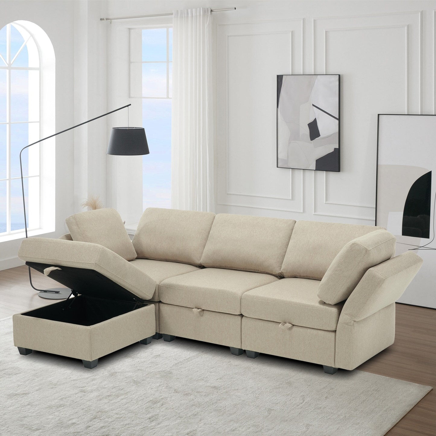 Beige 87.9'' Modular 3-Seater Sectional Sofa with Ottoman, Adjustable Backrests and Arms, Storage Seats, and Thick Cushions