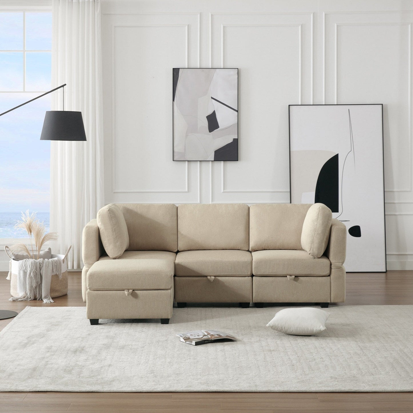 Beige 87.9'' Modular 3-Seater Sectional Sofa with Ottoman, Adjustable Backrests and Arms, Storage Seats, and Thick Cushions