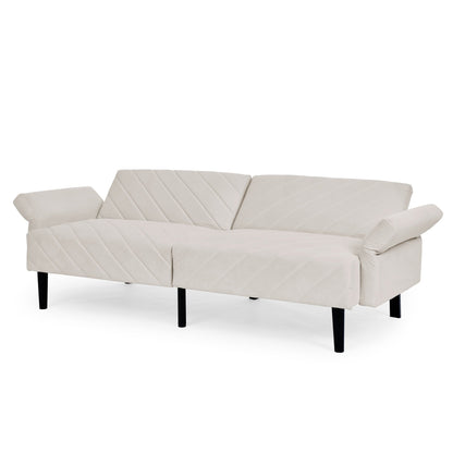 Beige 87 Velvet Tufted Convertible Futon Sofa Bed with Adjustable Armrests for Living Room