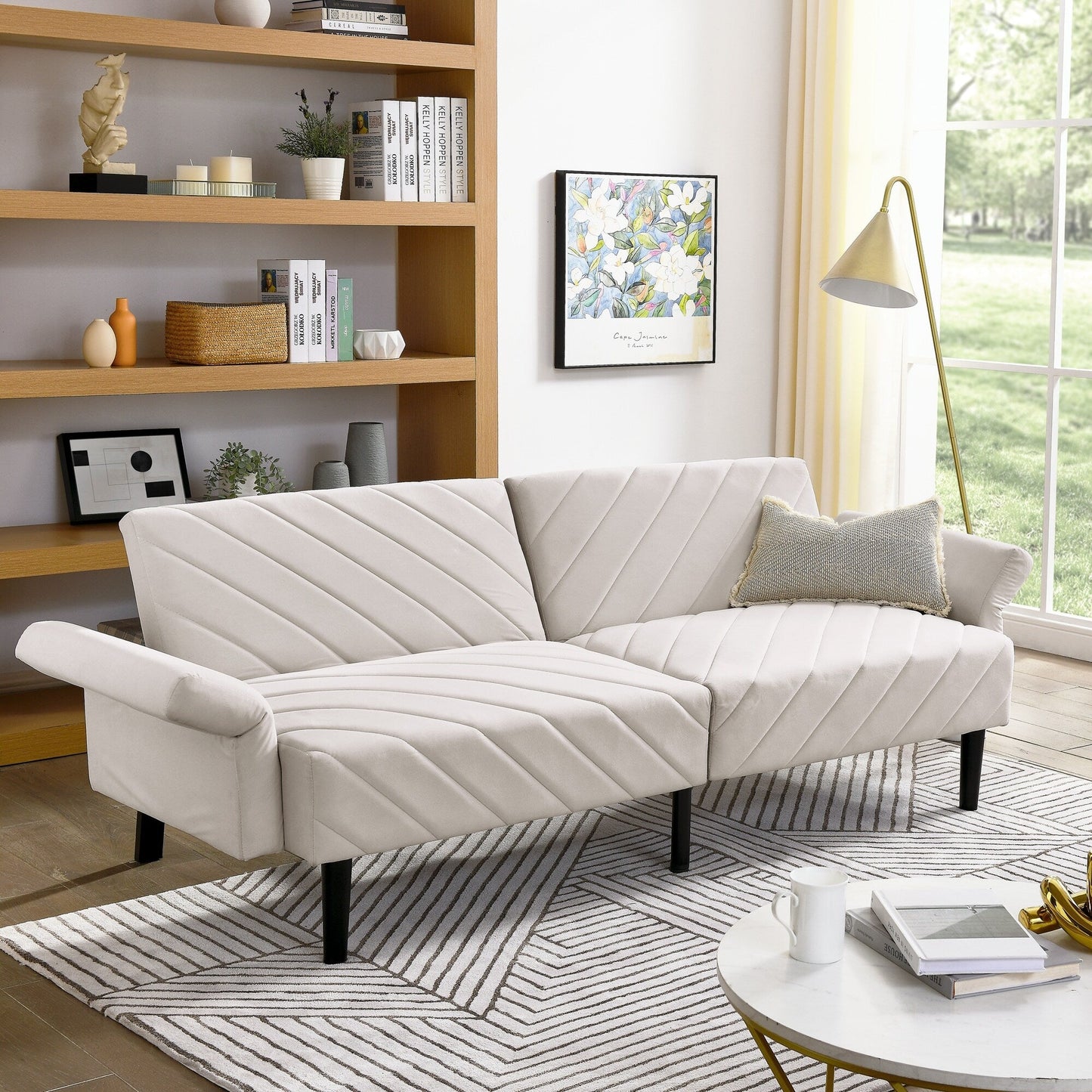 Beige 87 Velvet Tufted Convertible Futon Sofa Bed with Adjustable Armrests for Living Room