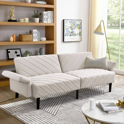 Beige 87 Velvet Tufted Convertible Futon Sofa Bed with Adjustable Armrests for Living Room