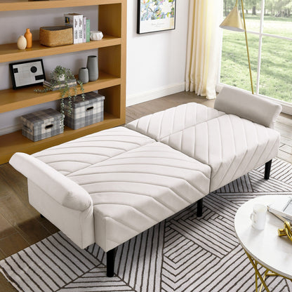 Beige 87 Velvet Tufted Convertible Futon Sofa Bed with Adjustable Armrests for Living Room