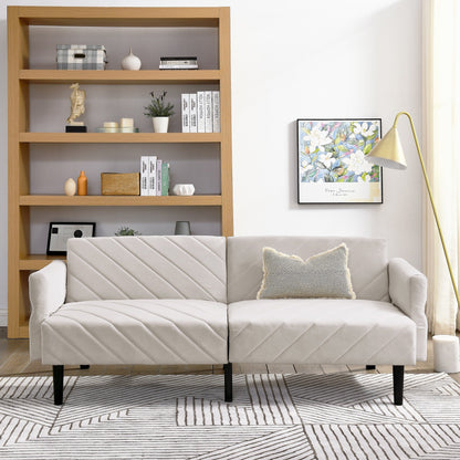 Beige 87 Velvet Tufted Convertible Futon Sofa Bed with Adjustable Armrests for Living Room