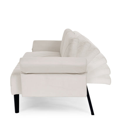 Beige 87 Velvet Tufted Convertible Futon Sofa Bed with Adjustable Armrests for Living Room