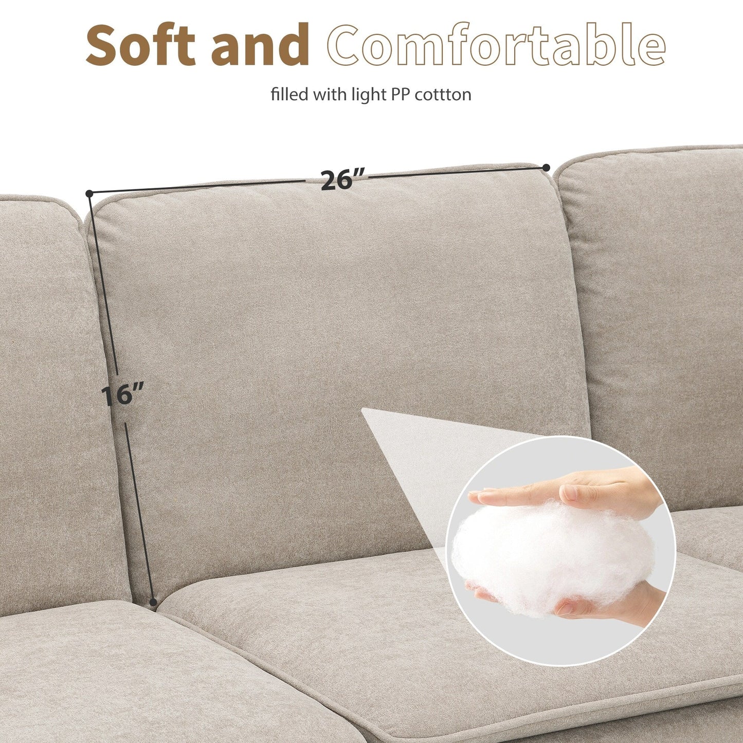 Beige 89 Velvet L-Shaped 5-Seater Sectional Sofa with Double Cushions, Sturdy Wood and Iron Frame
