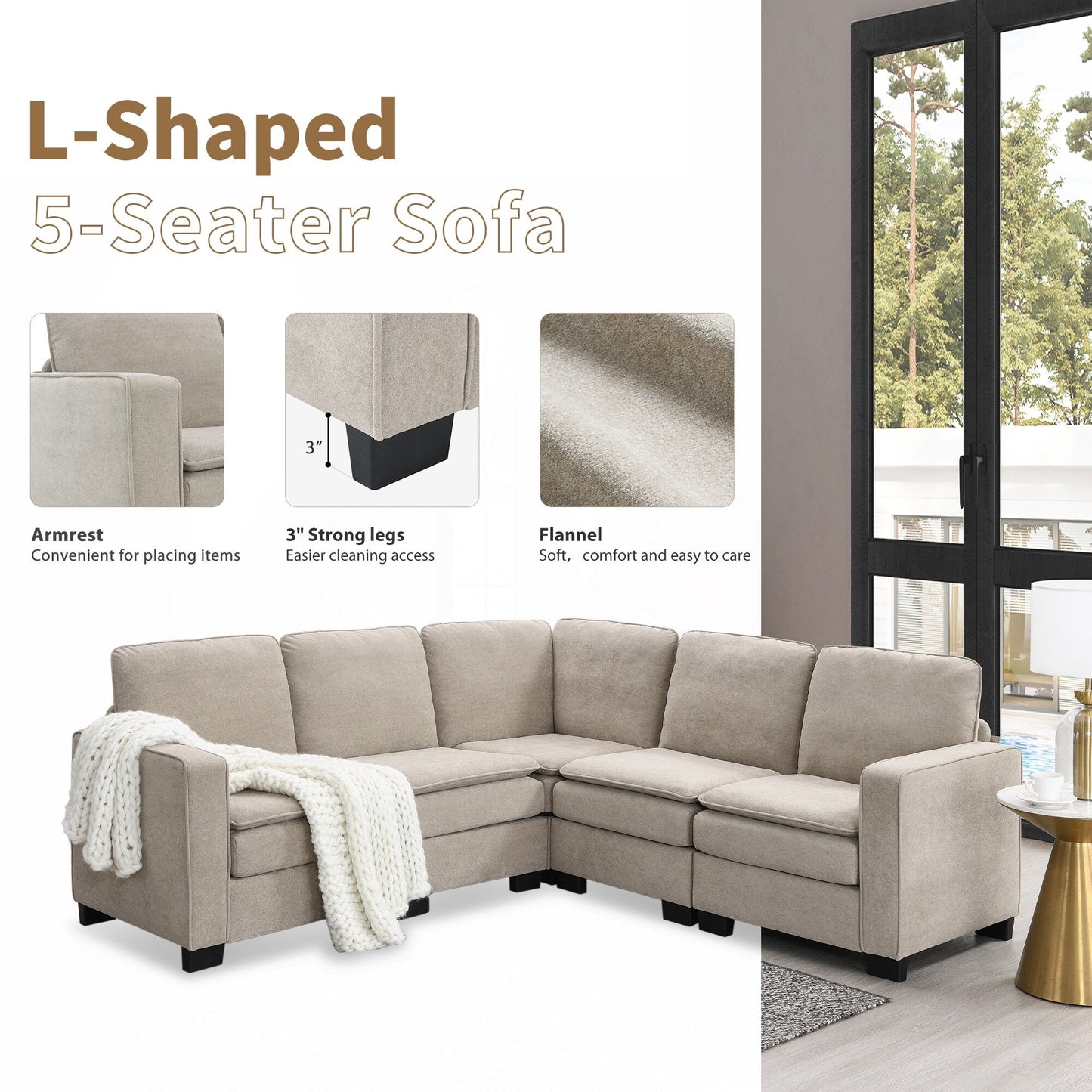 Beige 89 Velvet L-Shaped 5-Seater Sectional Sofa with Double Cushions, Sturdy Wood and Iron Frame