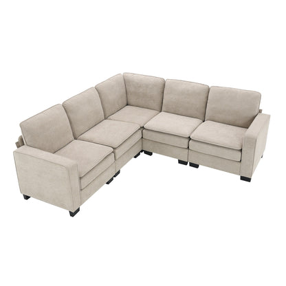 Beige 89 Velvet L-Shaped 5-Seater Sectional Sofa with Double Cushions, Sturdy Wood and Iron Frame
