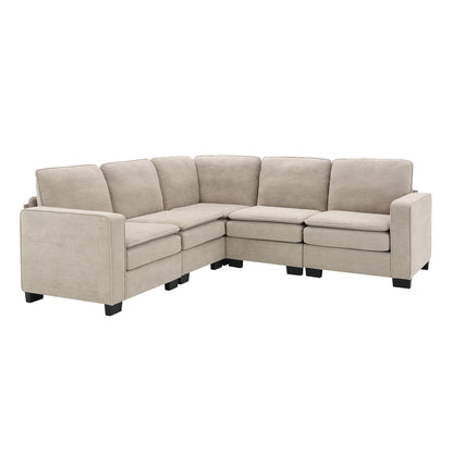 Beige 89 Velvet L-Shaped Oversized 5-Seater Sectional Sofa with Double Cushions for Corner Seating
