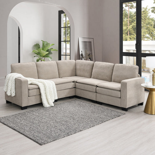 Beige 89 Velvet L-Shaped Oversized 5-Seater Sectional Sofa with Double Cushions for Corner Seating