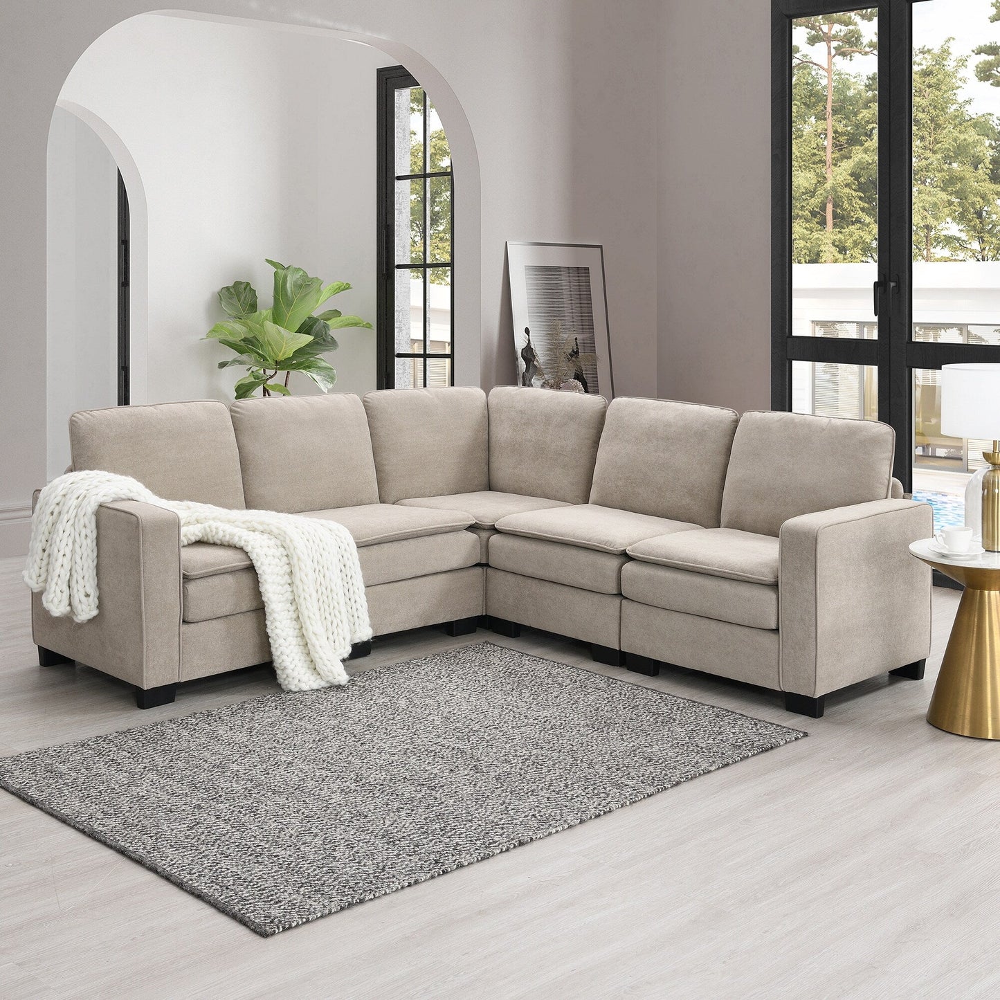 Beige 89'' Velvet L-Shaped 5-Seater Sectional Sofa with Double Cushions, Sturdy Wood and Iron Frame