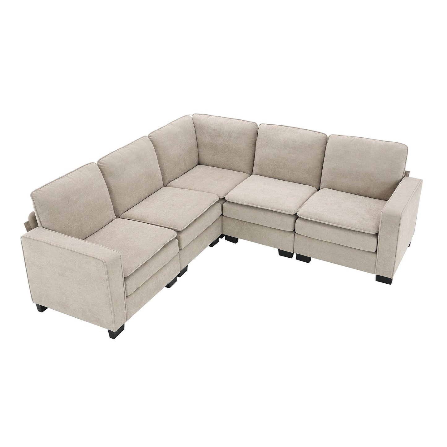 Beige 89'' Velvet L-Shaped 5-Seater Sectional Sofa with Double Cushions, Sturdy Wood and Iron Frame