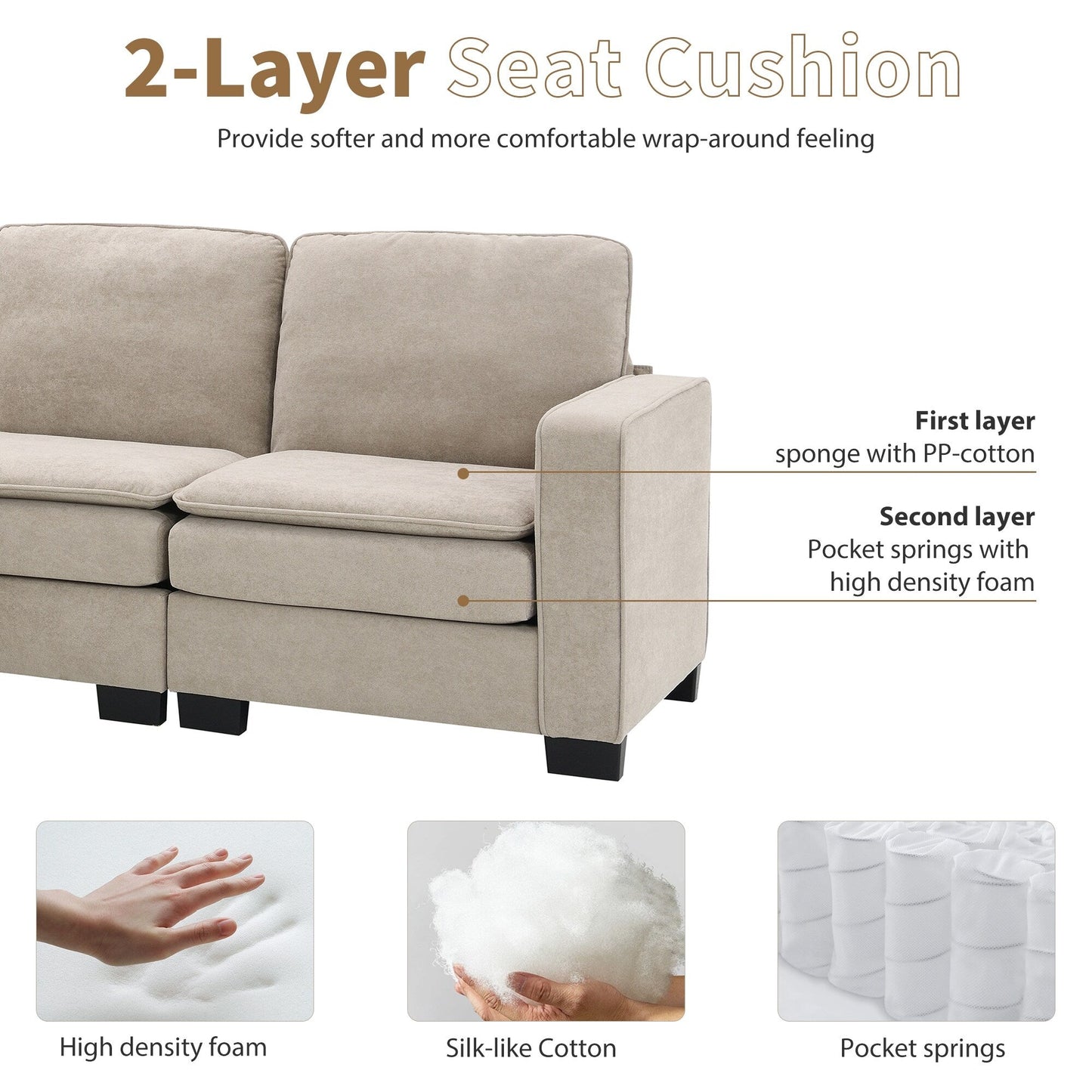 Beige 89'' Velvet L-Shaped 5-Seater Sectional Sofa with Double Cushions, Sturdy Wood and Iron Frame