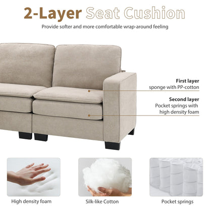 Beige 89'' Velvet L-Shaped 5-Seater Sectional Sofa with Double Cushions, Sturdy Wood and Iron Frame