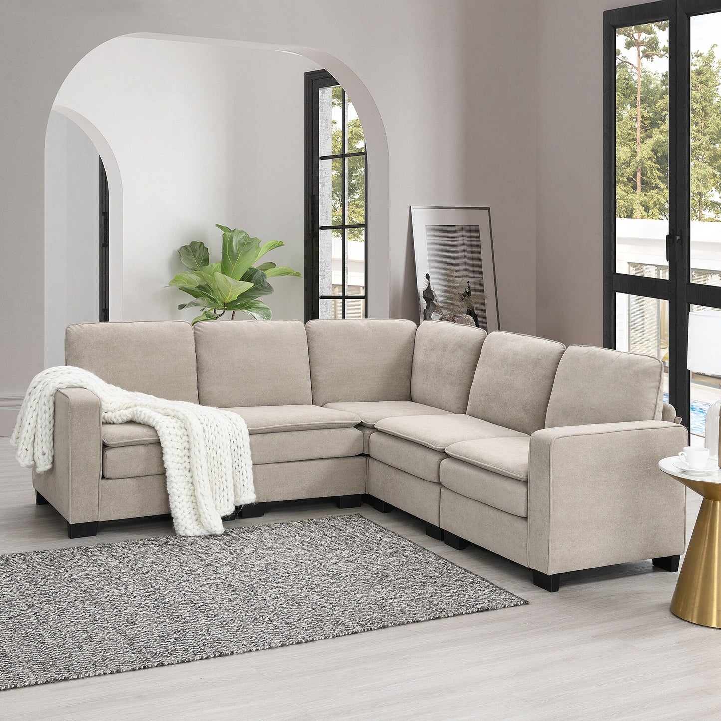 Beige 89'' Velvet L-Shaped 5-Seater Sectional Sofa with Double Cushions, Sturdy Wood and Iron Frame