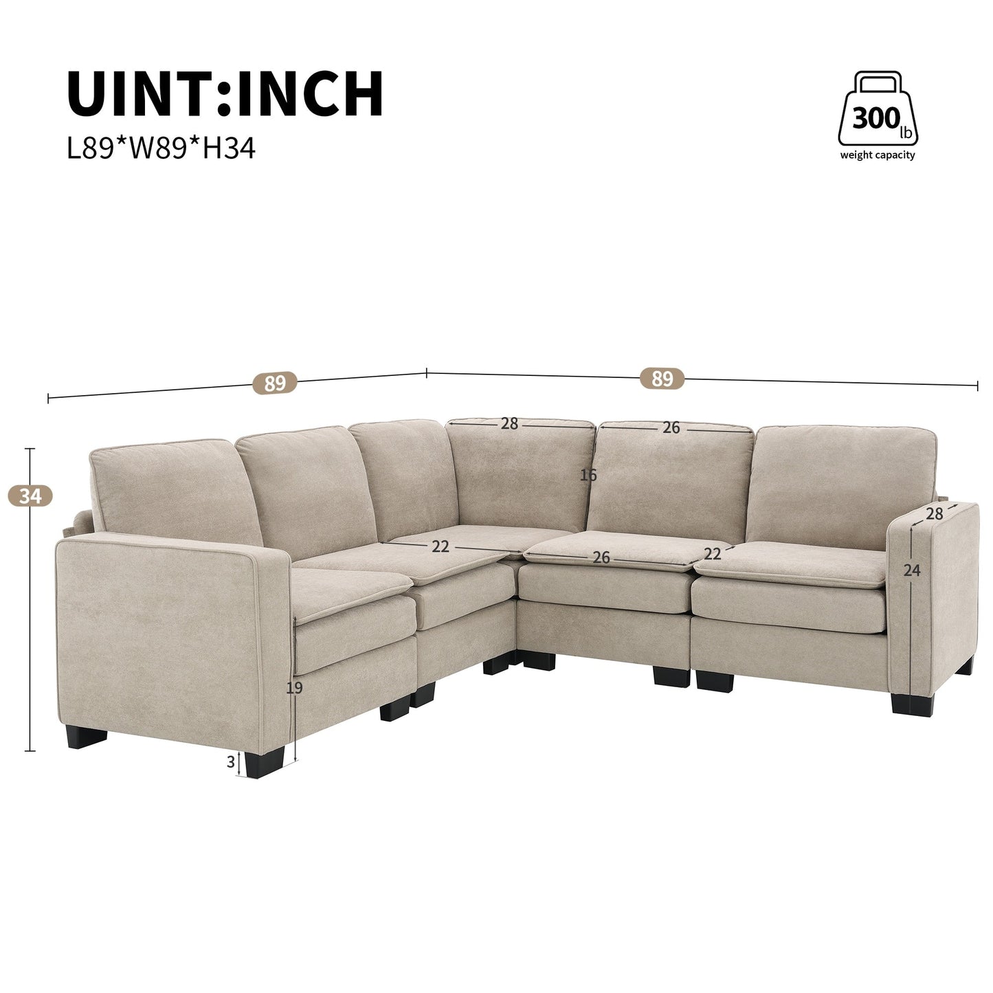 Beige 89'' Velvet L-Shaped 5-Seater Sectional Sofa with Double Cushions