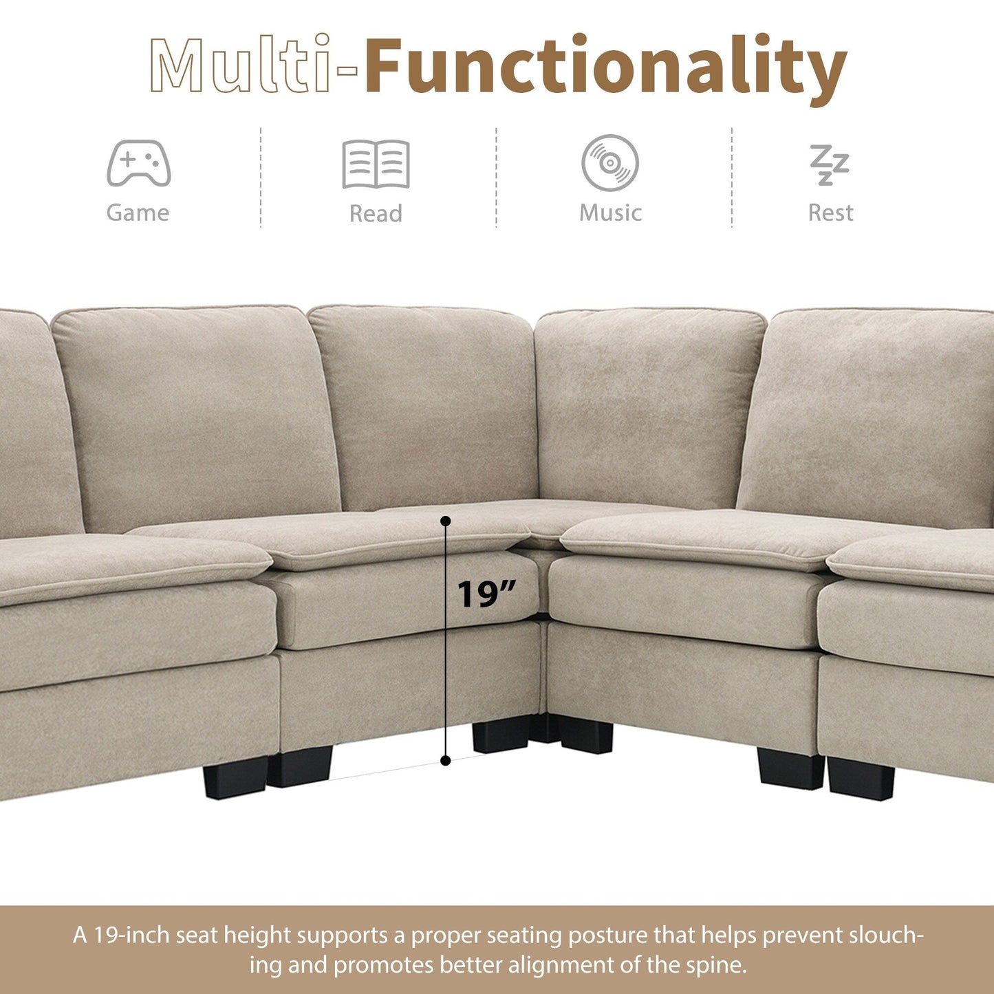 Beige 89'' Velvet L-Shaped 5-Seater Sectional with Double Cushions, Iron and Wood Frame for Stability