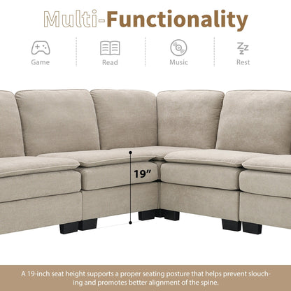 Beige 89'' Velvet L-Shaped 5-Seater Sectional with Double Cushions, Iron and Wood Frame for Stability