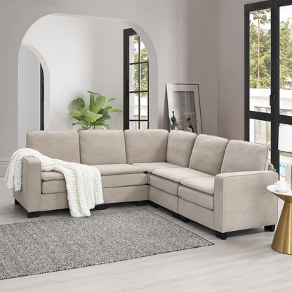 Beige 89'' Velvet L-Shaped 5-Seater Sectional with Double Cushions, Iron and Wood Frame for Stability
