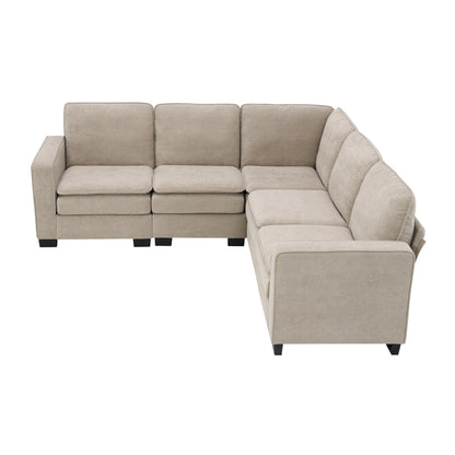 Beige 89'' Velvet L-Shaped 5-Seater Sectional with Double Cushions, Iron and Wood Frame for Stability