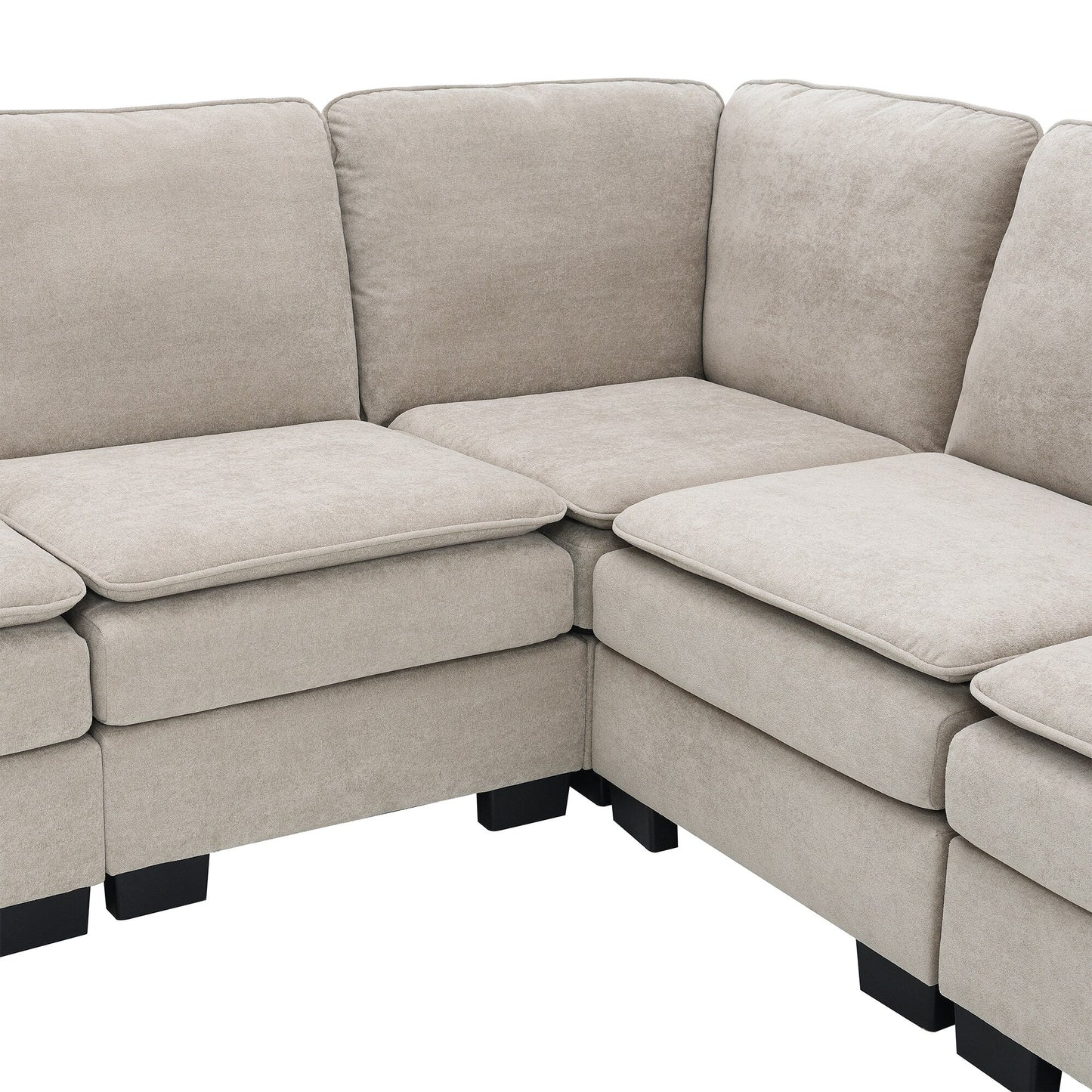 Beige 89'' Velvet L-Shaped 5-Seater Sectional with Double Cushions, Iron and Wood Frame for Stability
