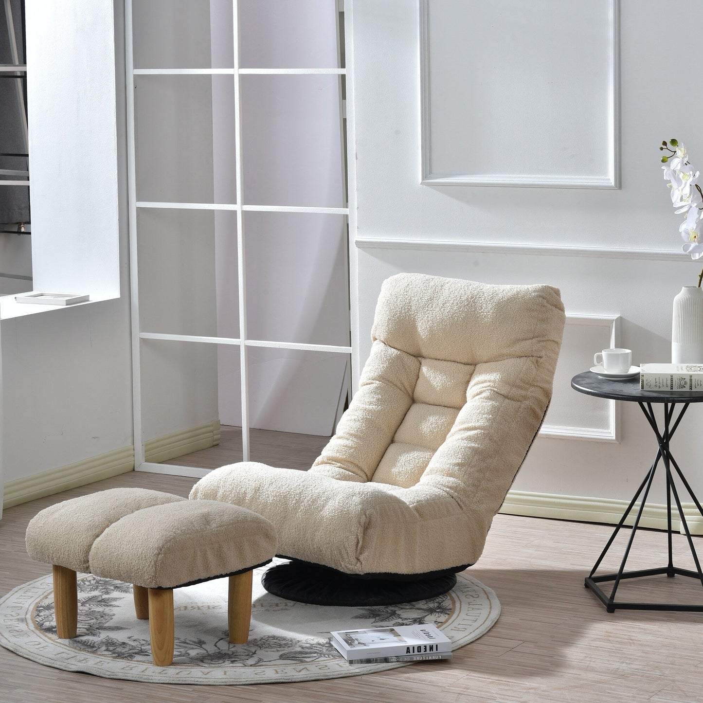 Beige Boucle Upholstered 360Â° Swivel Armless Manual Leisure Recliner Set with Ottoman, Adjustable Headrest and Backrest