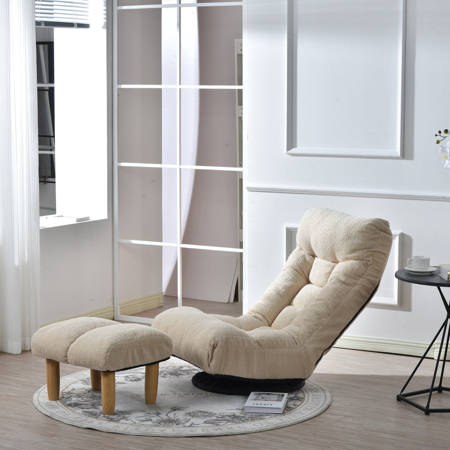 Beige Boucle Upholstered 360Â° Swivel Armless Manual Leisure Recliner Set with Ottoman, Adjustable Headrest and Backrest