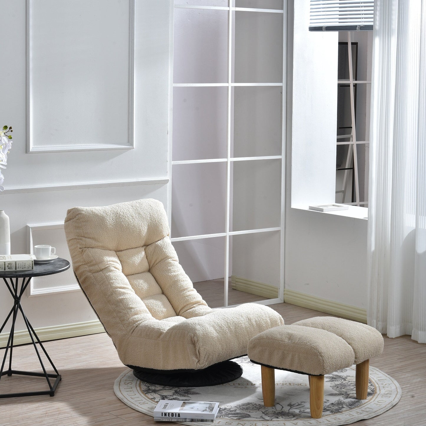 Beige Boucle Upholstered 360Â° Swivel Armless Manual Leisure Recliner Set with Ottoman, Adjustable Headrest and Backrest