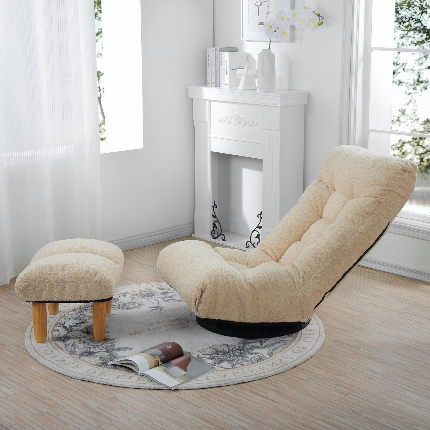 Beige Boucle Upholstered 360Â° Swivel Armless Manual Leisure Recliner Set with Ottoman, Adjustable Headrest and Backrest