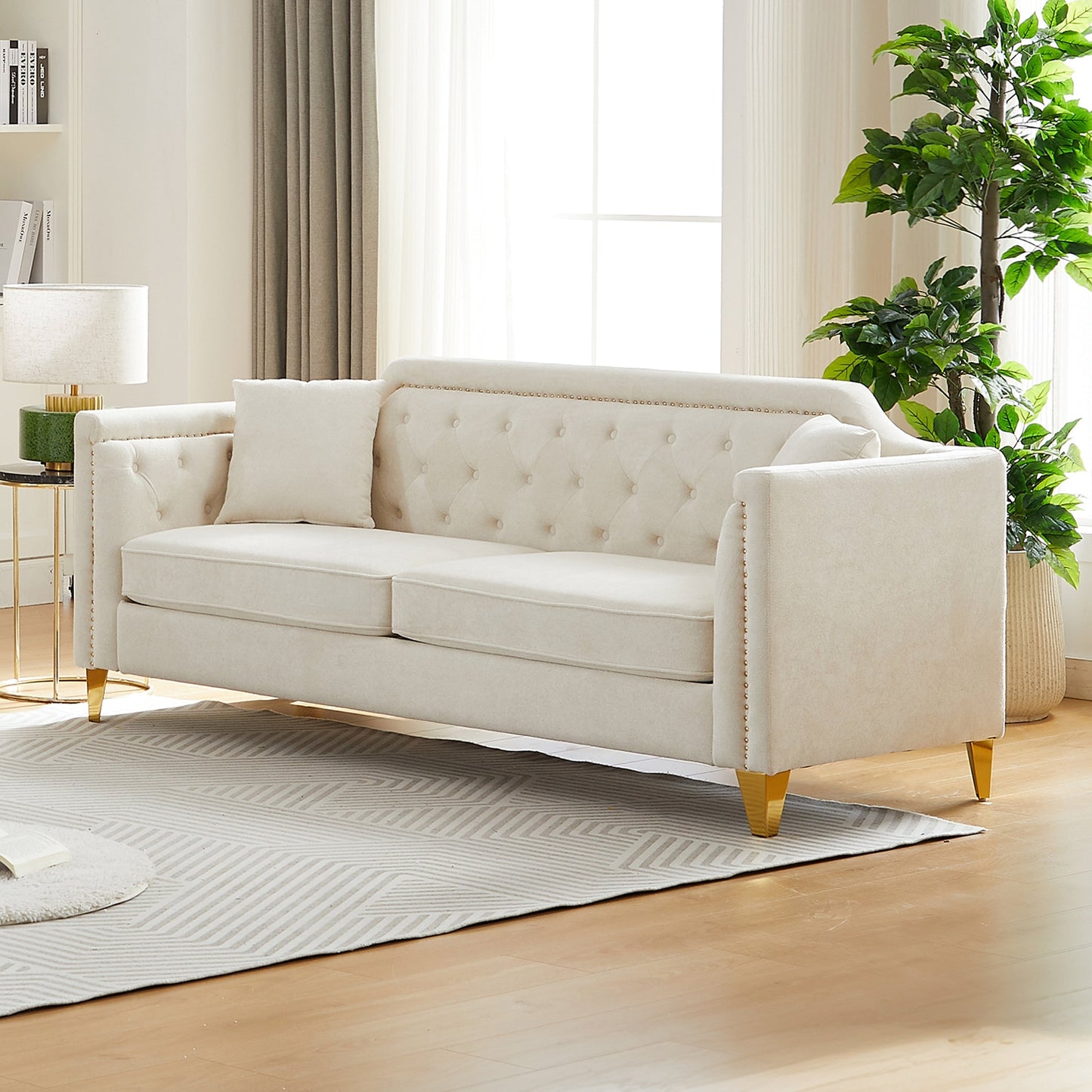 Beige Chenille 3-seater Tufted Sofa with Copper Nail Decoration