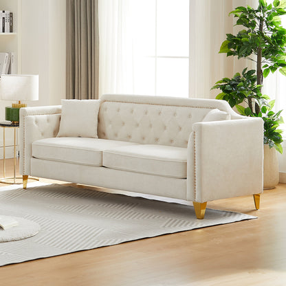 Beige Chenille 3-seater Tufted Sofa with Copper Nail Decoration