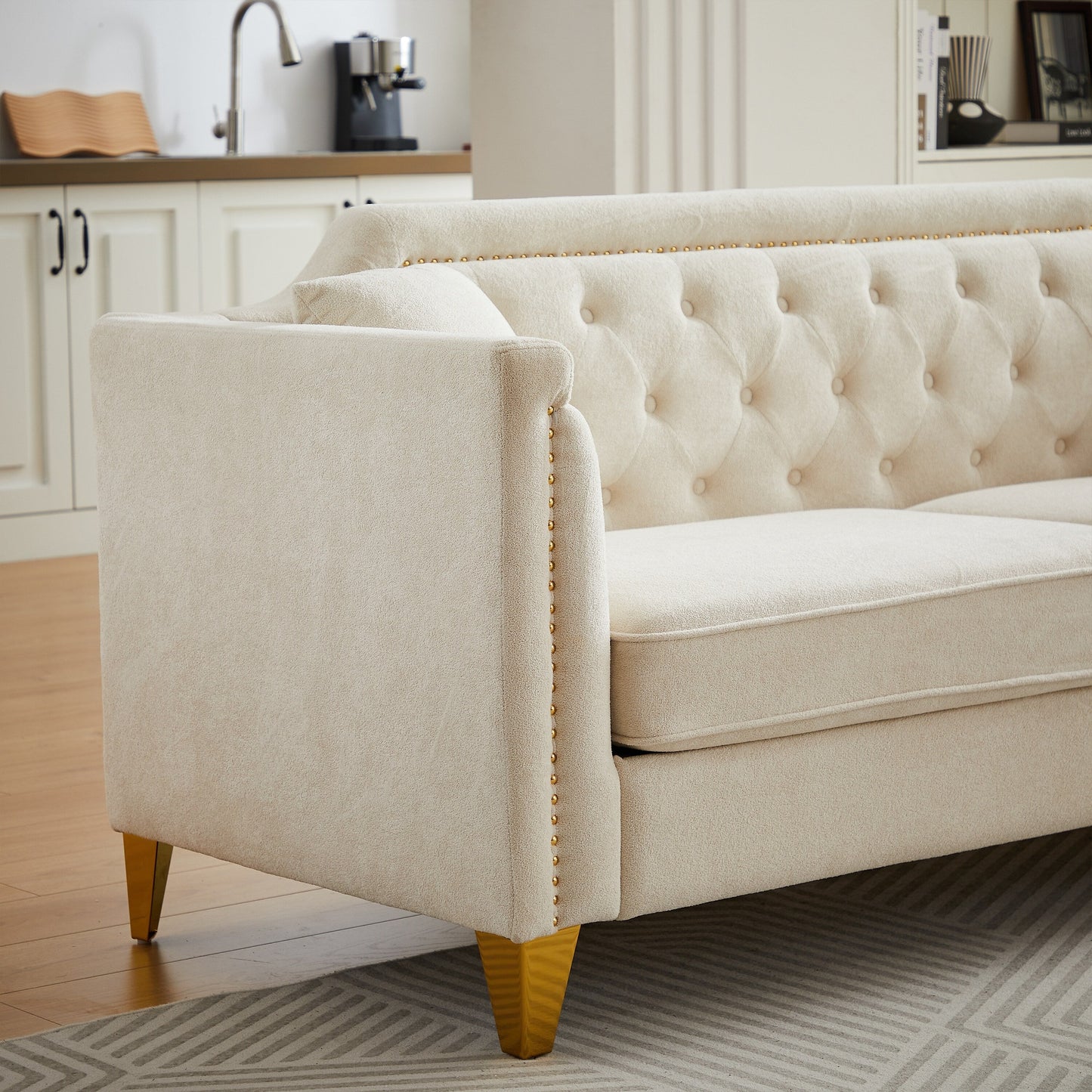 Beige Chenille 3-seater Tufted Sofa with Copper Nail Decoration