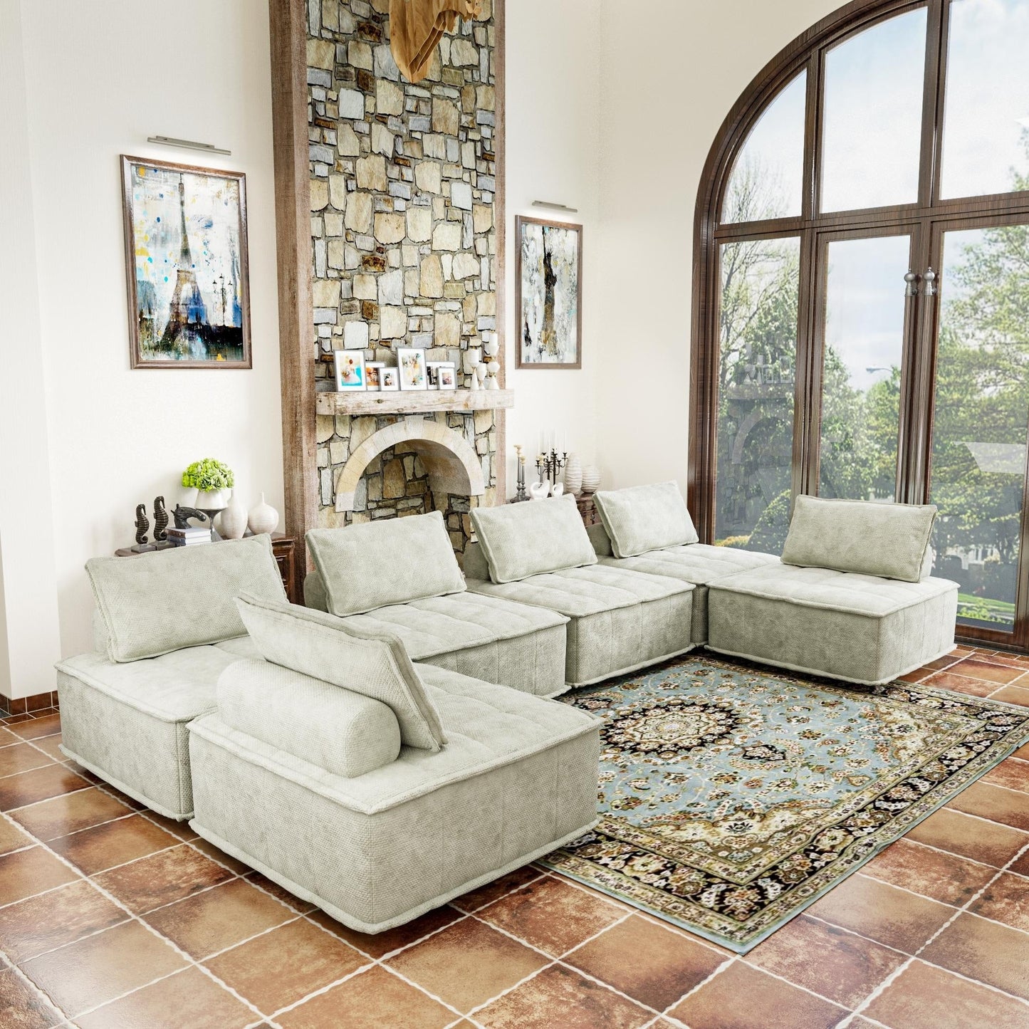 Beige Chenille 6-piece Modular Sofa Set