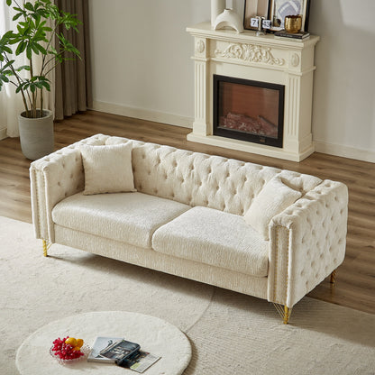 Beige Chenille Tufted Upholstered 3-seater Sofa with Metal Legs