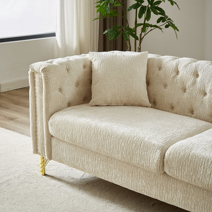 Beige Chenille Tufted Upholstered 3-seater Sofa with Metal Legs
