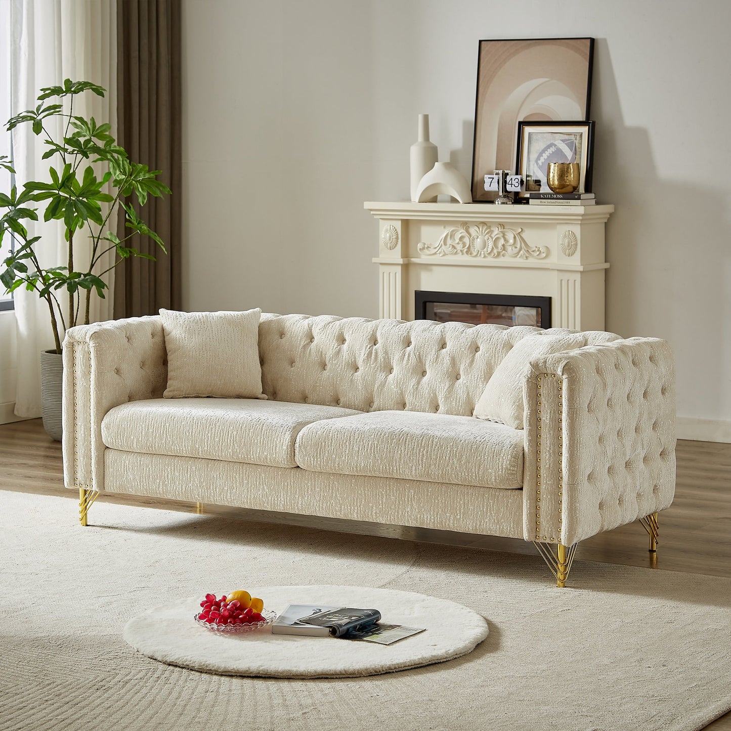 Beige Chenille Tufted Upholstered 3-seater Sofa with Metal Legs
