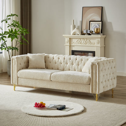 Beige Chenille Tufted Upholstered 3-seater Sofa with Metal Legs