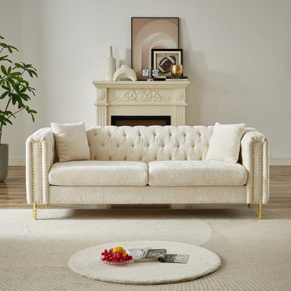 Beige Chenille Tufted Upholstered 3-seater Sofa with Metal Legs