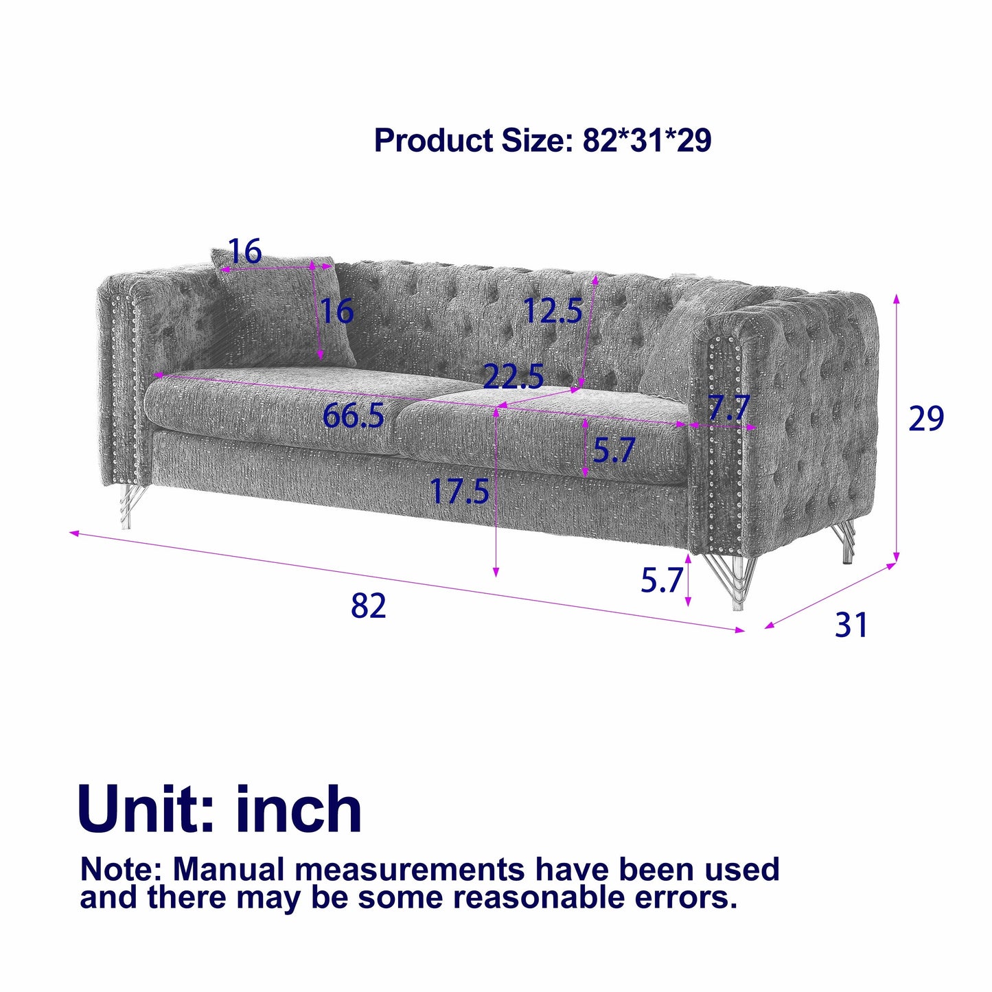 Beige Chenille Tufted Upholstered 3-seater Sofa with Metal Legs