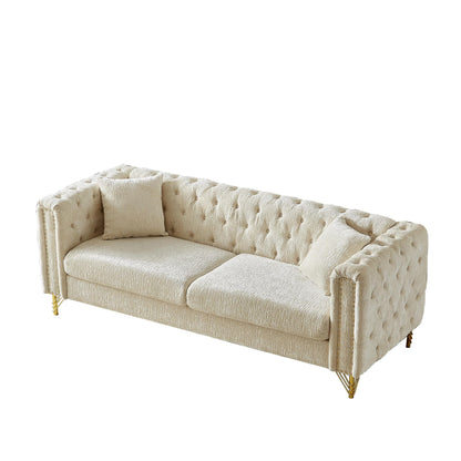 Beige Chenille Tufted Upholstered 3-seater Sofa with Metal Legs