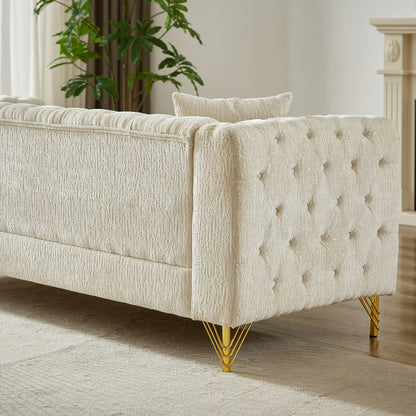 Beige Chenille Tufted Upholstered 3-seater Sofa with Metal Legs