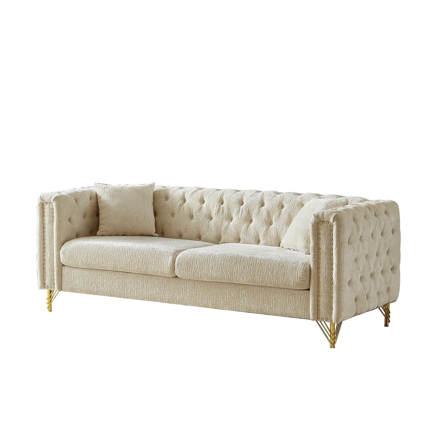 Beige Chenille Tufted Upholstered 3-seater Sofa with Metal Legs