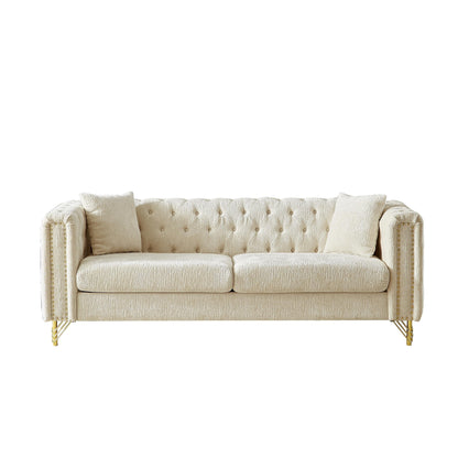 Beige Chenille Tufted Upholstered 3-seater Sofa with Metal Legs