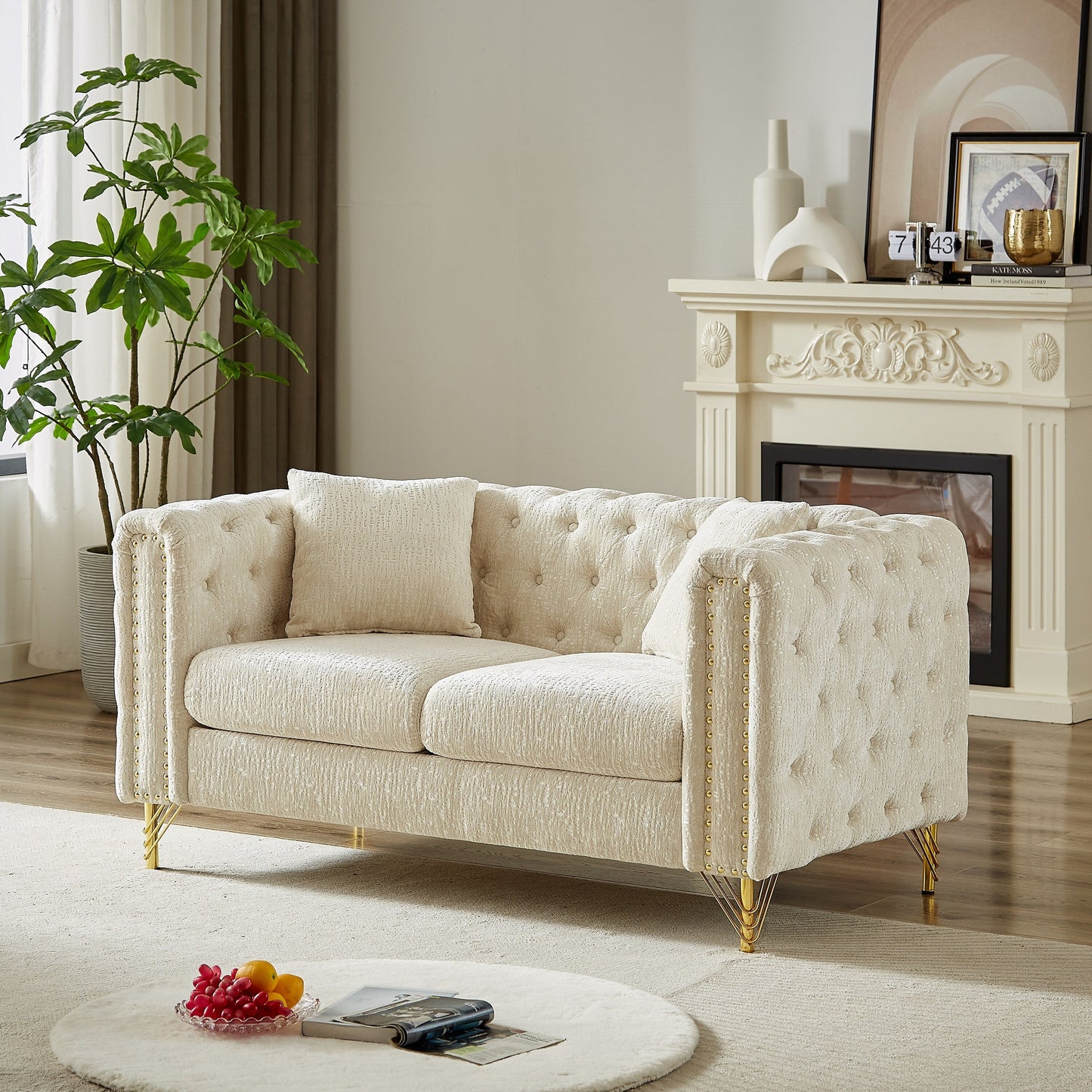 Beige Chenille Tufted Upholstered Loveseat Sofa with Metal Legs