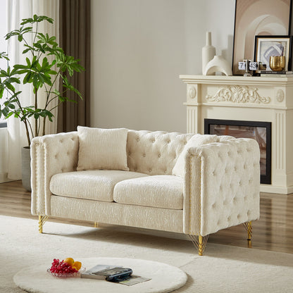 Beige Chenille Tufted Upholstered Loveseat Sofa with Metal Legs