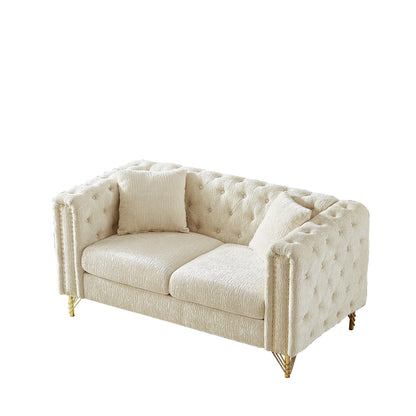 Beige Chenille Tufted Upholstered Loveseat Sofa with Metal Legs
