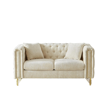 Beige Chenille Tufted Upholstered Loveseat Sofa with Metal Legs
